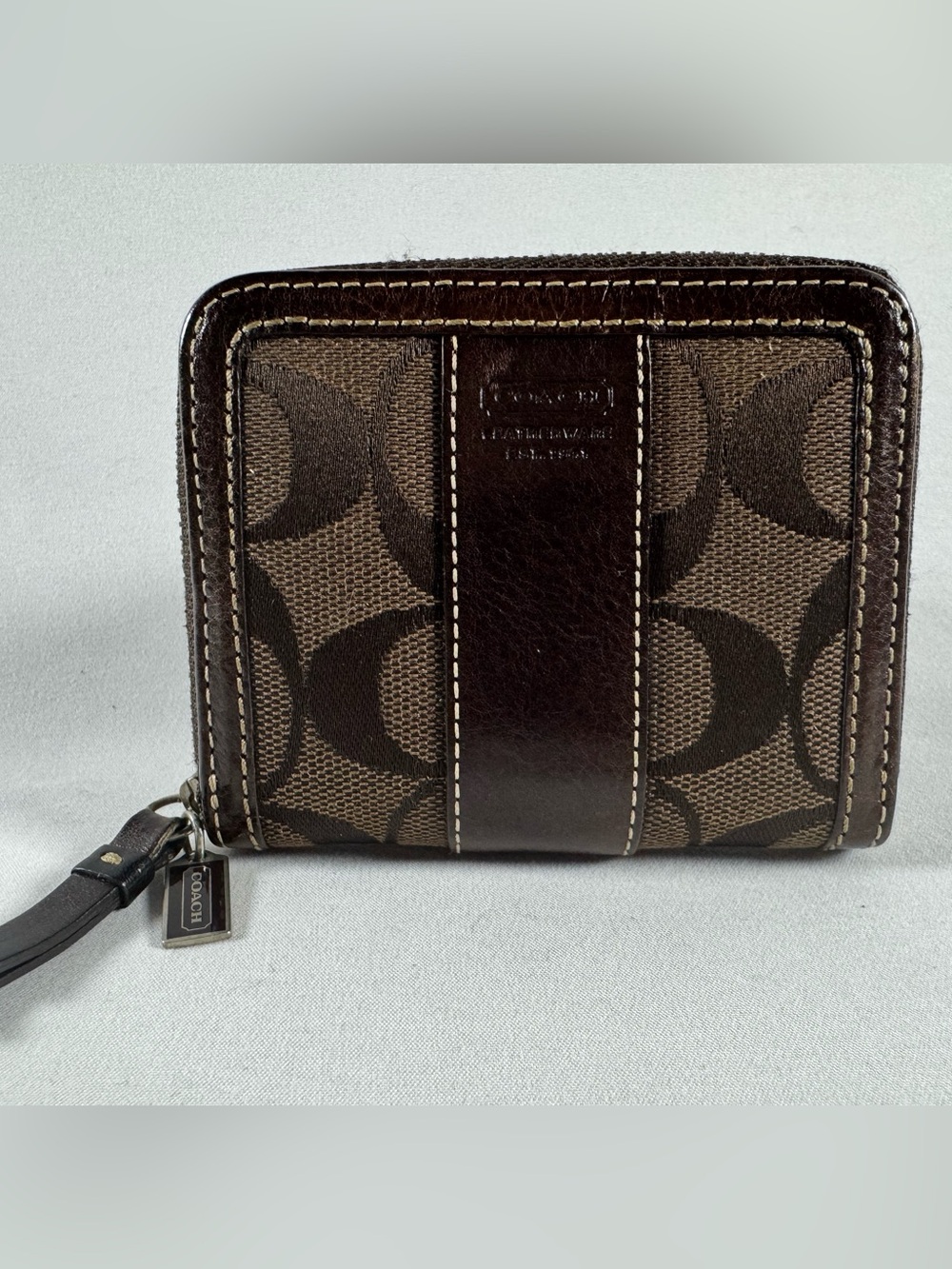 Coach Brown Leather and Signature Canvas Zip Wallet & Card Holder, small